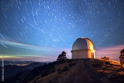 High in the mountains, an observatory dome stands against a starry night sky. Generative AI photo