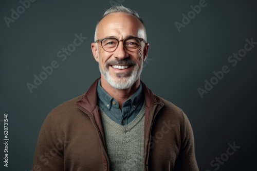 Portrait of a senior man with grey hair wearing eyeglasses and smiling at the camera