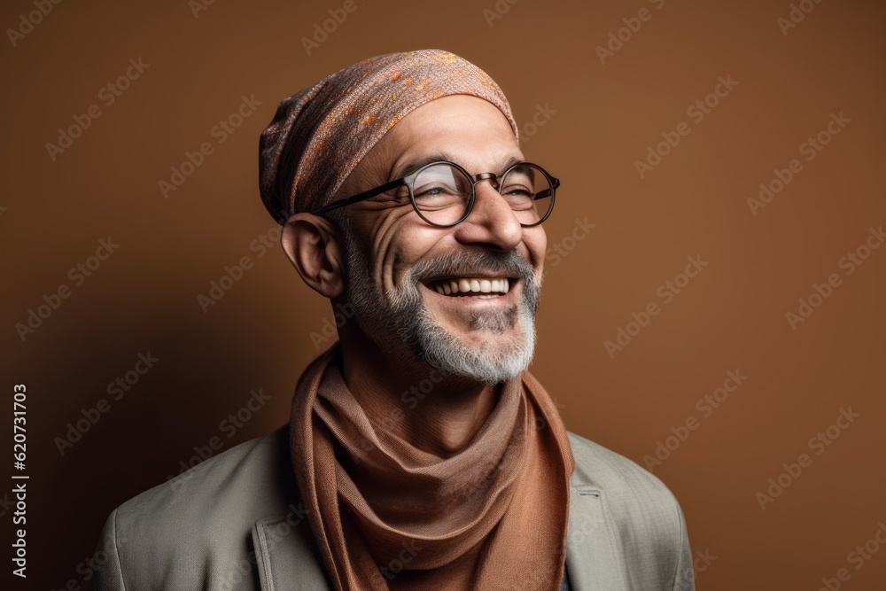 Portrait of a smiling middle-aged Indian man wearing a headscarf and glasses