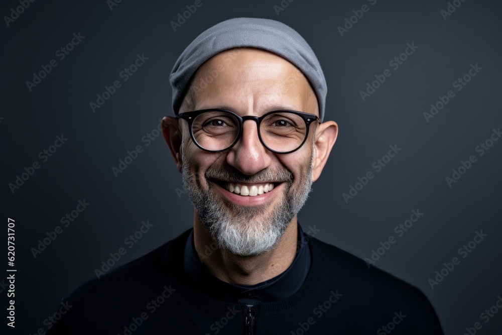 Portrait of a smiling man with glasses and a bandana on his head Portrait of a smiling man with glasses and a bandana on his head