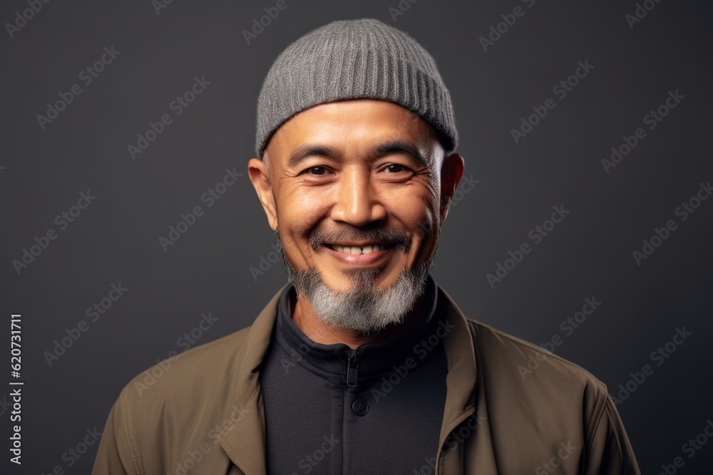 Portrait of a smiling asian man wearing a hat and coat Portrait of a smiling asian man wearing a hat and coat