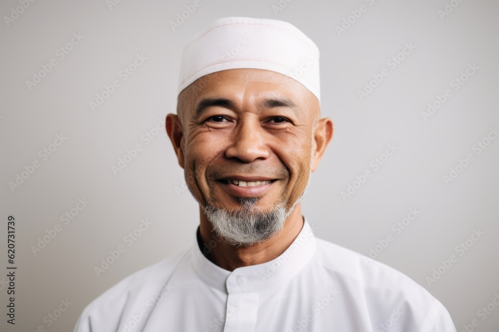 Portrait of a smiling senior asian muslim man wearing traditional clothes isolated over white background Portrait of a smiling senior asian muslim man wearing traditional clothes isolated over white background