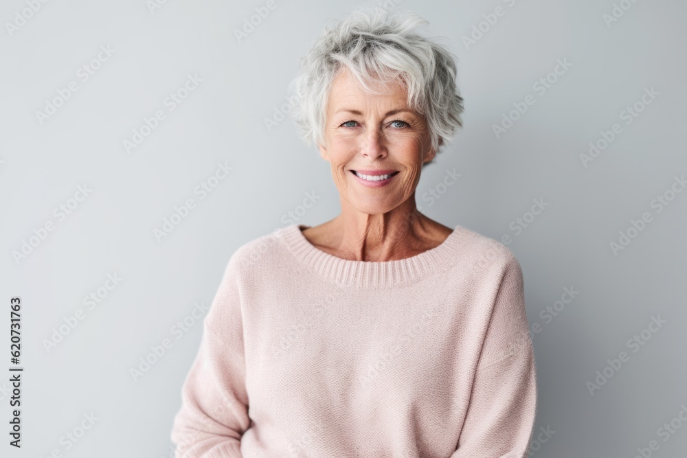 Portrait of a happy senior woman standing isolated on a gray background Portrait of a happy senior woman standing isolated on a gray background
