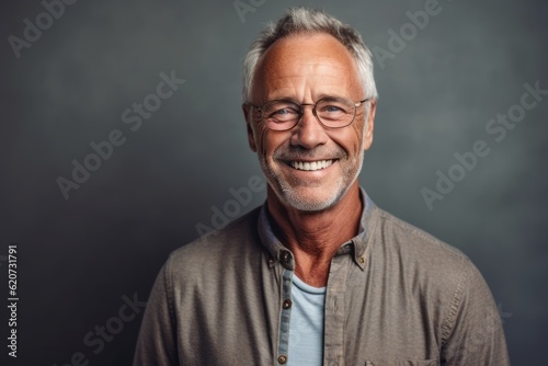 Portrait of a smiling senior man in eyeglasses on grey background