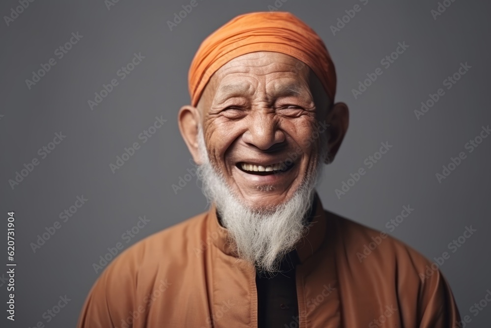 Portrait of an old man with a white beard and a orange bandana on his head Portrait of an old man with a white beard and a orange bandana on his head
