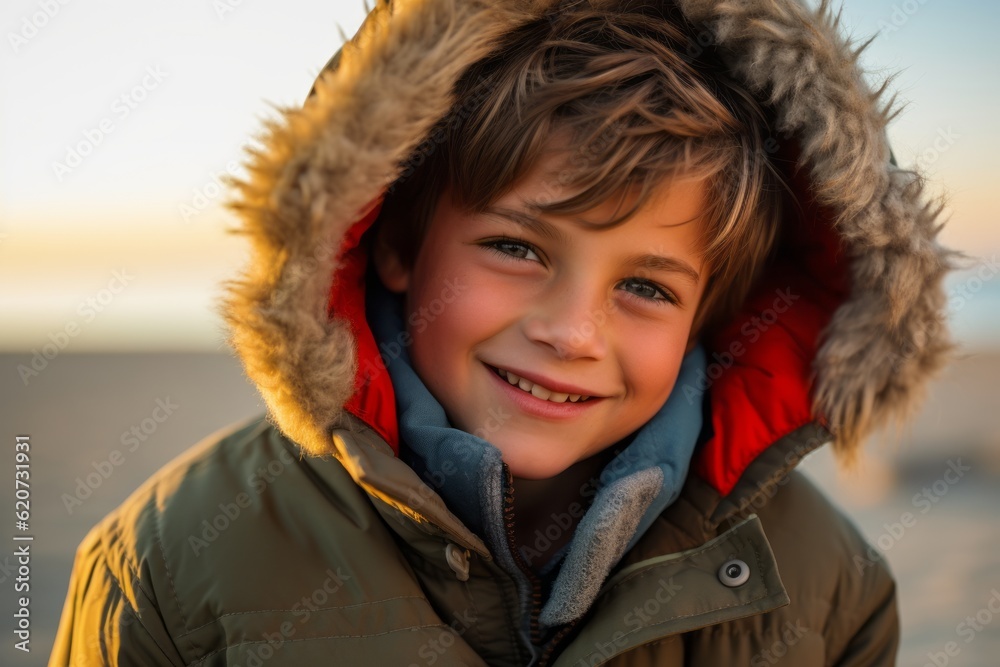 Portrait of a smiling boy in winter jacket on the beach. Portrait of a smiling boy in winter jacket on the beach.