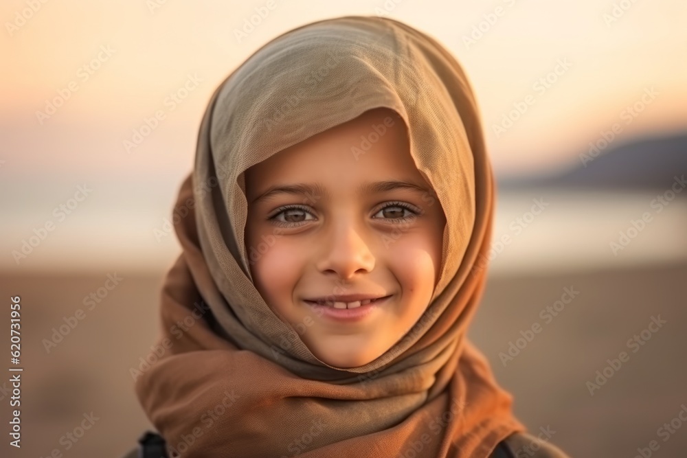Beautiful little muslim girl smiling on the beach at sunset. Beautiful little muslim girl smiling on the beach at sunset.