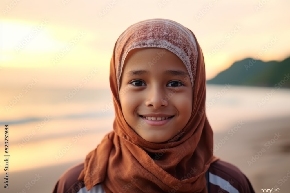 Portrait of little muslim girl with hijab on the beach at sunset Portrait of little muslim girl with hijab on the beach at sunset