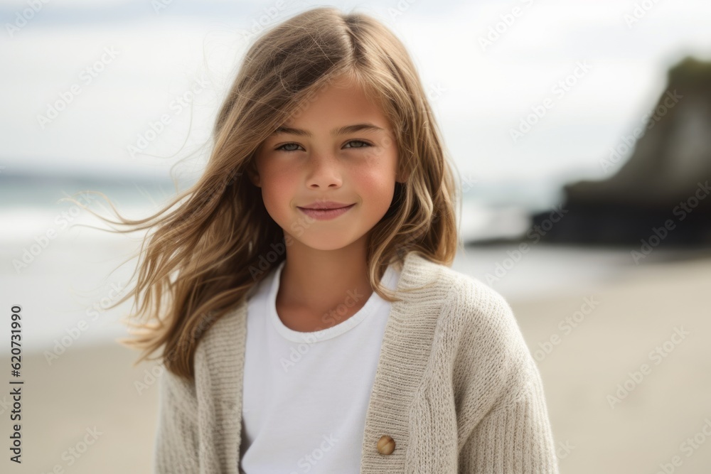 Medium shot portrait photography of a pleased child female wearing a chic cardigan against a beach background Medium shot portrait photography of a pleased child female wearing a chic cardigan against a beach background