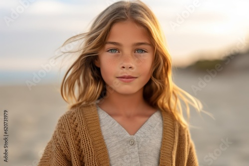 portrait of a little girl with blond hair on the beach at sunset