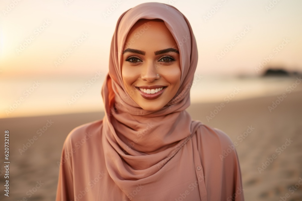 Beautiful young Muslim woman wearing hijab on the beach at sunset. Beautiful young Muslim woman wearing hijab on the beach at sunset.