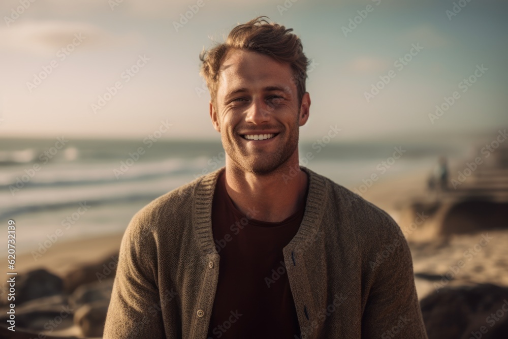 Portrait of handsome young man smiling at camera while standing on beach