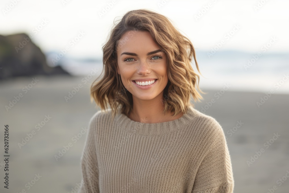 Portrait of smiling young woman standing on beach at the day time Portrait of smiling young woman standing on beach at the day time