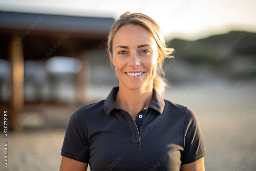 Portrait of smiling young woman standing on beach at sunrise in summer Portrait of smiling young woman standing on beach at sunrise in summer