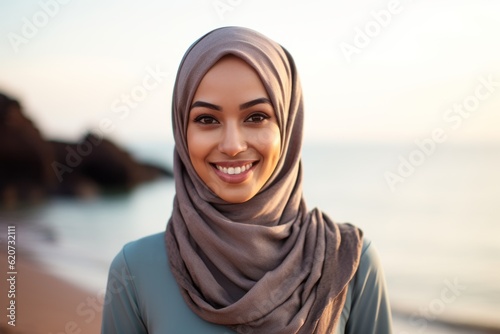 Portrait of beautiful muslim woman wearing hijab smiling and looking at camera on the beach