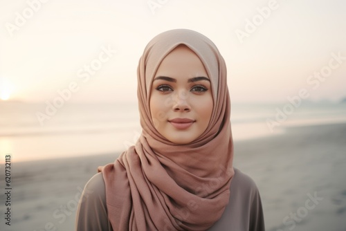 muslim woman wearing hijab on the beach at sunset, beauty portrait