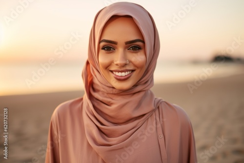 Beautiful young Muslim woman wearing hijab on the beach at sunset.