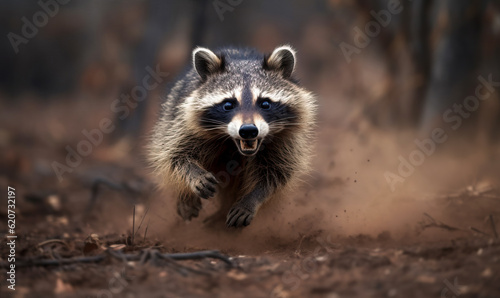 Mad and Aggressive Raccoon Charging Head-On, Prepared for a Battle.