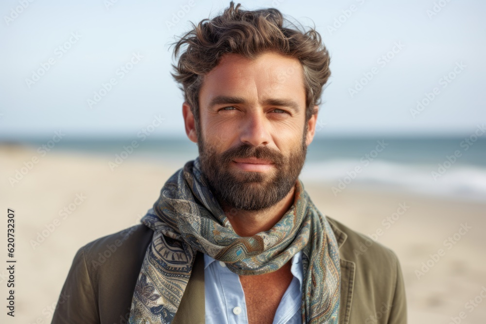 Portrait of handsome man with scarf on the beach looking at camera Portrait of handsome man with scarf on the beach looking at camera