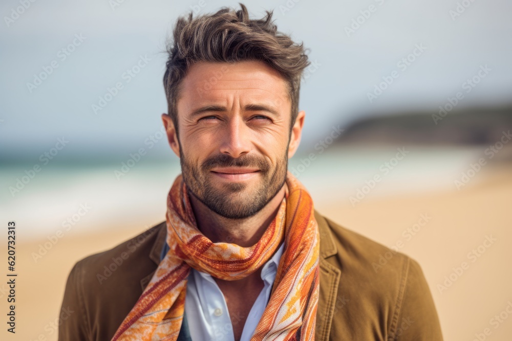 Portrait of handsome man wearing scarf on the beach at the day time Portrait of handsome man wearing scarf on the beach at the day time
