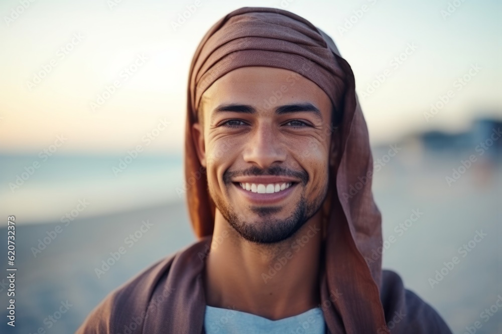 Close up portrait of a smiling young man in a headscarf on the beach Close up portrait of a smiling young man in a headscarf on the beach