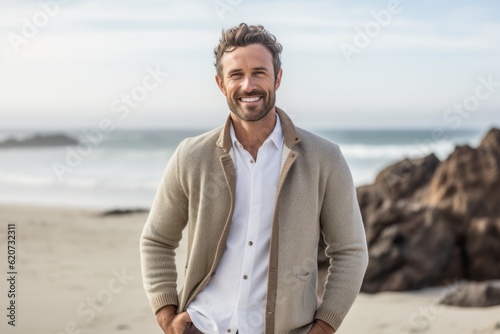 Portrait of smiling man standing with hands in pockets at the beach