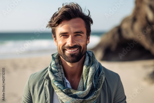 Portrait of smiling man with scarf at beach on a sunny day