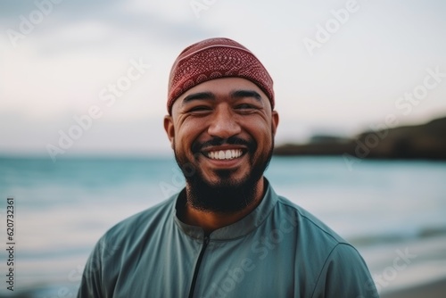 Portrait of a smiling arabian man standing on the beach