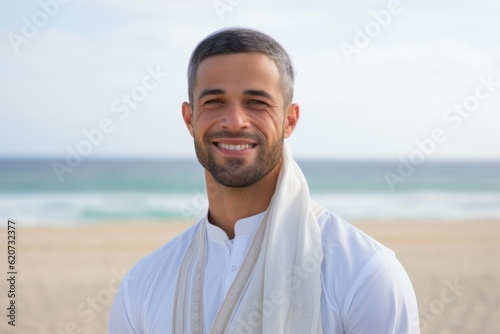 Portrait of a smiling young man with towel standing on the beach