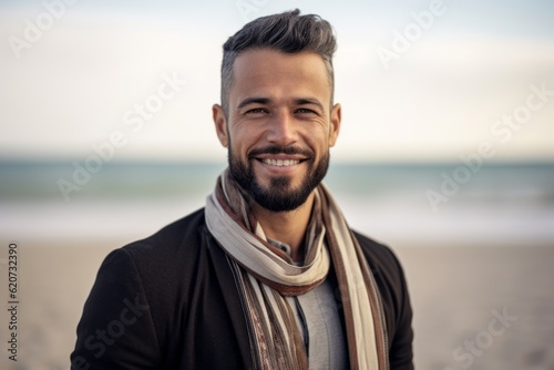 Portrait of handsome young man with scarf at the beach in autumn