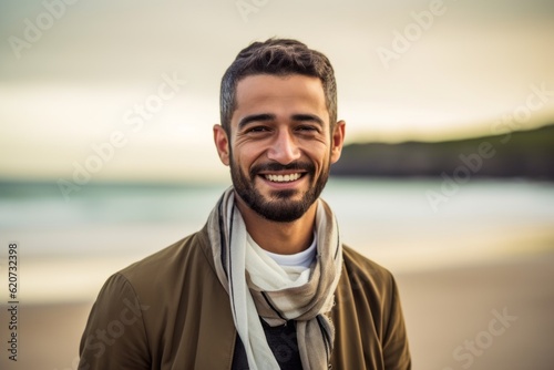 Portrait of handsome young man smiling at camera on the beach.