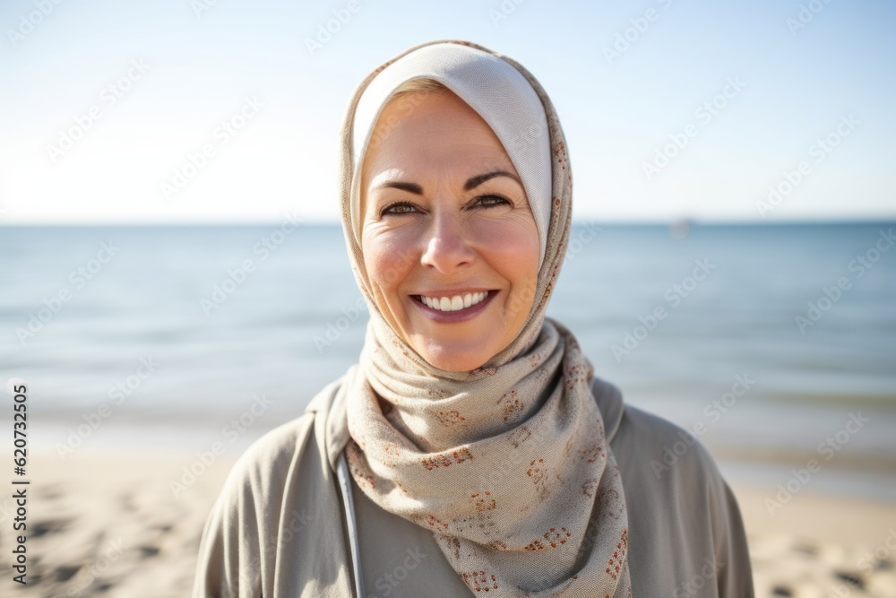 Portrait of happy young muslim woman in hijab smiling on the beach Portrait of happy young muslim woman in hijab smiling on the beach