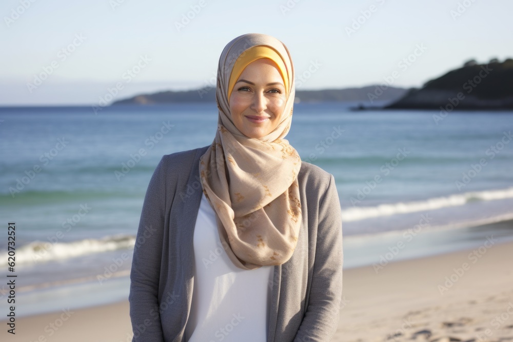 Portrait of happy young muslim woman wearing hijab at the beach Portrait of happy young muslim woman wearing hijab at the beach