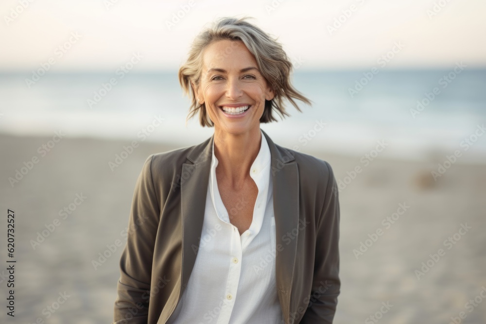 Portrait of smiling mature businesswoman standing on the beach at sunrise Portrait of smiling mature businesswoman standing on the beach at sunrise