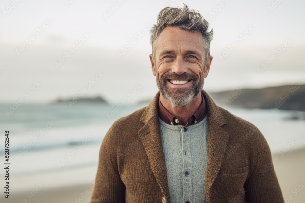 Portrait of smiling mature man standing on beach at the day time