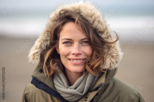Portrait of a smiling young woman in winter jacket on the beach © Eber Braun