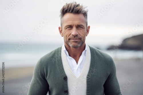 Portrait of handsome mature man standing on pier at the seaside