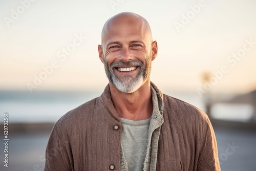 Medium shot portrait photography of a grinning man in his 40s wearing a chic cardigan against a beach background