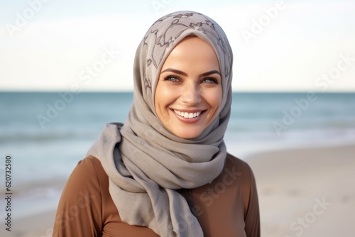 Beautiful muslim woman wearing hijab smiling on the beach at sunset