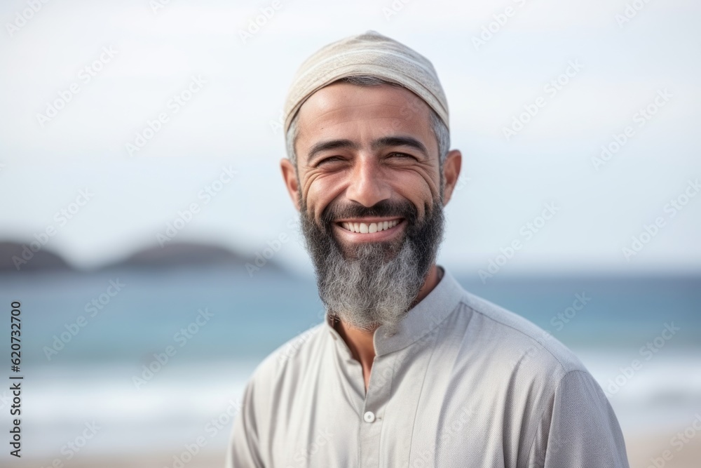 Portrait of happy middle eastern man smiling at camera at the beach