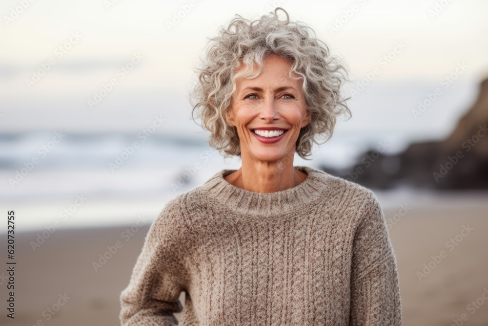 Portrait of smiling senior woman standing on beach at the day time Portrait of smiling senior woman standing on beach at the day time