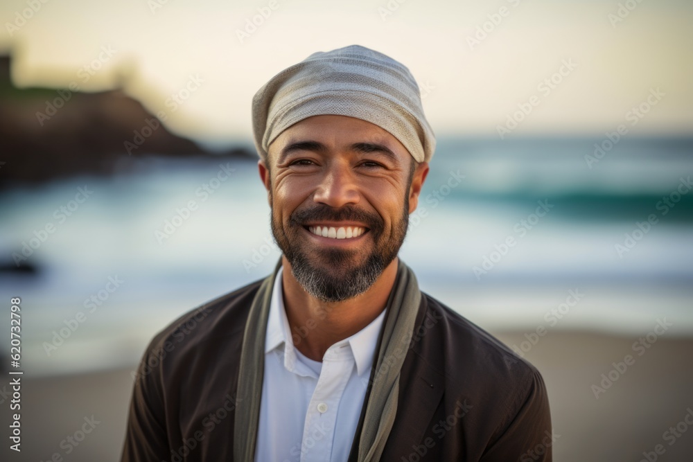 Portrait of smiling arabian man at the beach during sunset