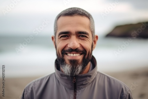 Portrait of smiling middle-aged man in sportswear standing on beach