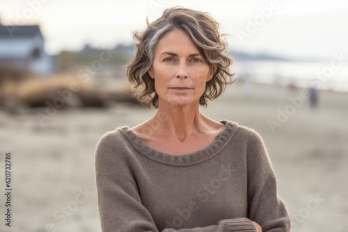 Group portrait photography of a serious woman in her 50s wearing a cozy sweater against a beach background