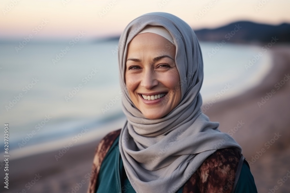 Portrait of smiling muslim woman in hijab on the beach at sunset