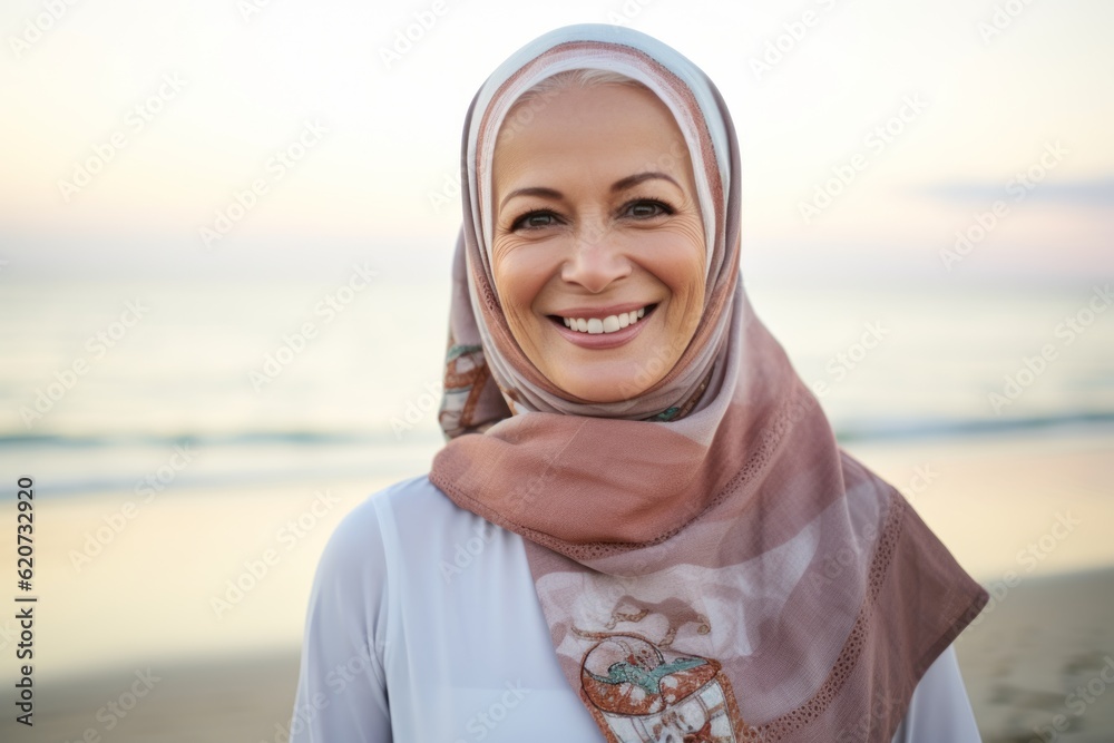 Portrait of happy muslim woman with hijab smiling at camera on the beach Portrait of happy muslim woman with hijab smiling at camera on the beach