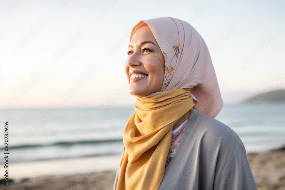 Portrait of a young muslim woman with hijab smiling at the beach Portrait of a young muslim woman with hijab smiling at the beach
