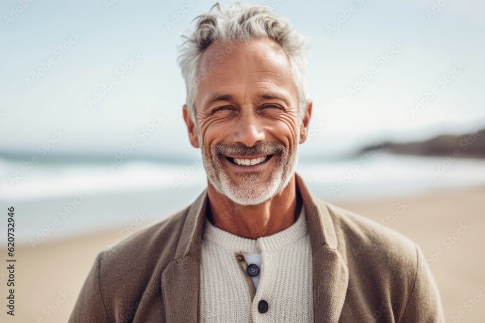 Portrait of smiling senior man standing on beach at the day time