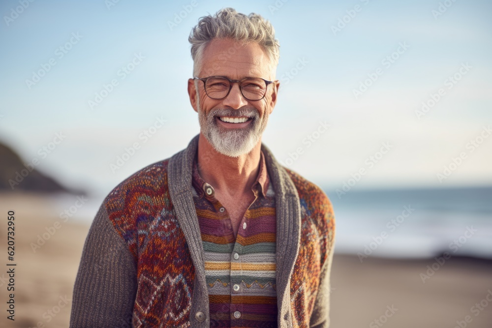 Portrait of smiling senior man wearing eyeglasses on the beach