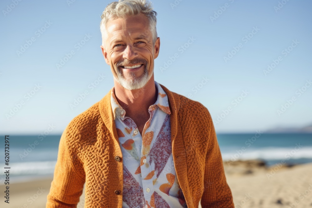 Portrait of smiling senior man standing on beach on a sunny day Portrait of smiling senior man standing on beach on a sunny day